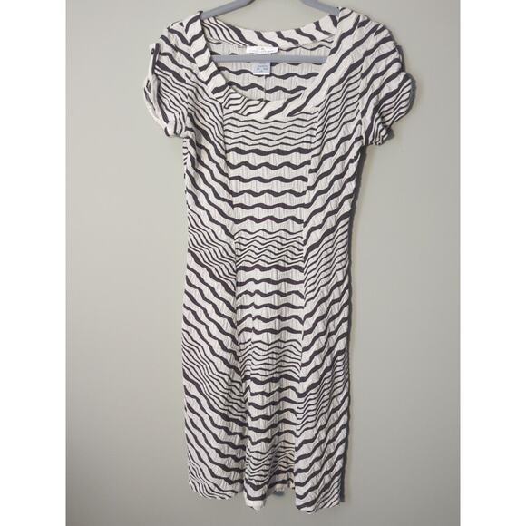 Papillon Blanc Women's Gray/Black Wavy Striped Pattern Short Sleeve Midi Dress - Picture 1 of 6